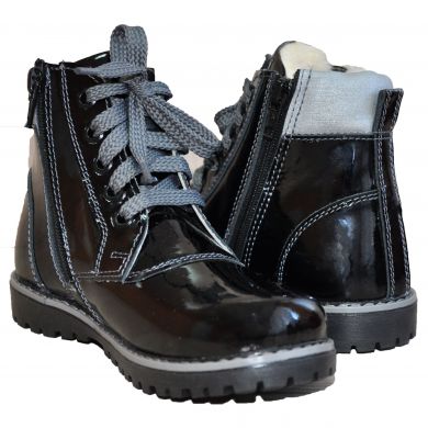 Зимові шкіряні профілактичні черевики з жорстким задником без супінатора на хутрі 3081-Чорні Лаковані