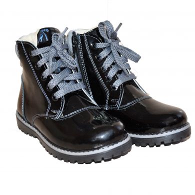 Зимние кожаные профилактические ботинки с жестким задником без супинатора 3081-Черные лакированые